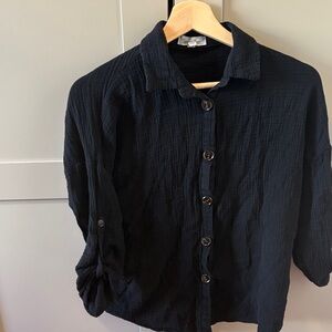 Textured Waffle Black Button-Up Blouse